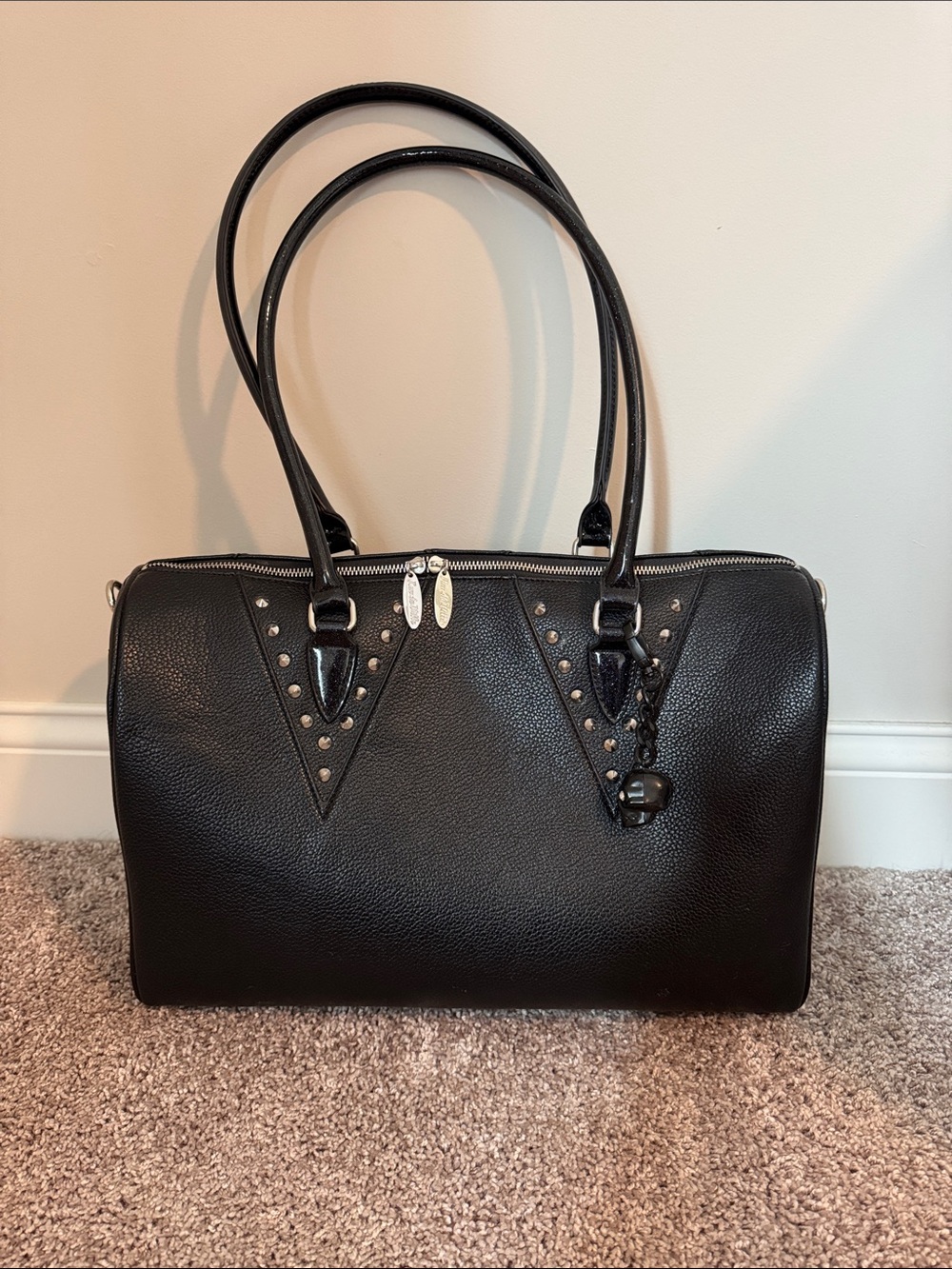 Black Women's Leather Tote Handbag - Stud Accent